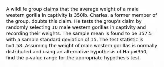 A wildlife group claims that the average weight of a male western gorilla in captivity is 350lb. Charles, a former member of the group, doubts this claim. He tests the group's claim by randomly selecting 10 male western gorillas in captivity and recording their weights. The sample mean is found to be 357.5 with a sample <a href='https://www.questionai.com/knowledge/kqGUr1Cldy-standard-deviation' class='anchor-knowledge'>standard deviation</a> of 15. <a href='https://www.questionai.com/knowledge/kzeQt8hpQB-the-test-statistic' class='anchor-knowledge'>the test statistic</a> is t=1.58. Assuming the weight of male western gorillas is normally distributed and using an alternative hypothesis of Ha:μ≠350, find the p-value range for the appropriate hypothesis test.