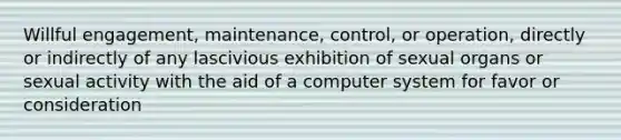 Willful engagement, maintenance, control, or operation, directly or indirectly of any lascivious exhibition of sexual organs or sexual activity with the aid of a computer system for favor or consideration