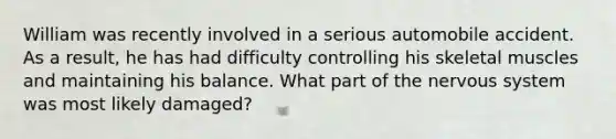 William was recently involved in a serious automobile accident. As a result, he has had difficulty controlling his skeletal muscles and maintaining his balance. What part of the nervous system was most likely damaged?