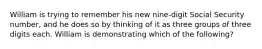William is trying to remember his new nine-digit Social Security number, and he does so by thinking of it as three groups of three digits each. William is demonstrating which of the following?