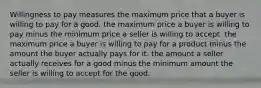 Willingness to pay measures the maximum price that a buyer is willing to pay for a good. the maximum price a buyer is willing to pay minus the minimum price a seller is willing to accept. the maximum price a buyer is willing to pay for a product minus the amount the buyer actually pays for it. the amount a seller actually receives for a good minus the minimum amount the seller is willing to accept for the good.