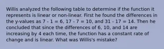 Willis analyzed the following table to determine if the function it represents is linear or non-linear. First he found the differences in the y-values as 7 - 1 = 6, 17 - 7 = 10, and 31 - 17 = 14. Then he concluded that since the differences of 6, 10, and 14 are increasing by 4 each time, the function has a constant rate of change and is linear. What was Willis's mistake?