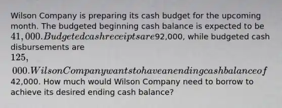 Wilson Company is preparing its cash budget for the upcoming month. The budgeted beginning cash balance is expected to be 41,000. Budgeted cash receipts are92,000, while budgeted cash disbursements are 125,000. Wilson Company wants to have an ending cash balance of42,000. How much would Wilson Company need to borrow to achieve its desired ending cash balance?