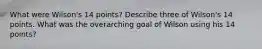 What were Wilson's 14 points? Describe three of Wilson's 14 points. What was the overarching goal of Wilson using his 14 points?