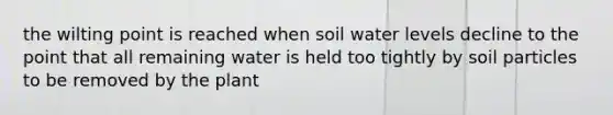 the wilting point is reached when soil water levels decline to the point that all remaining water is held too tightly by soil particles to be removed by the plant