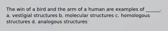 The win of a bird and the arm of a human are examples of ______. a. vestigial structures b. molecular structures c. homologous structures d. analogous structures