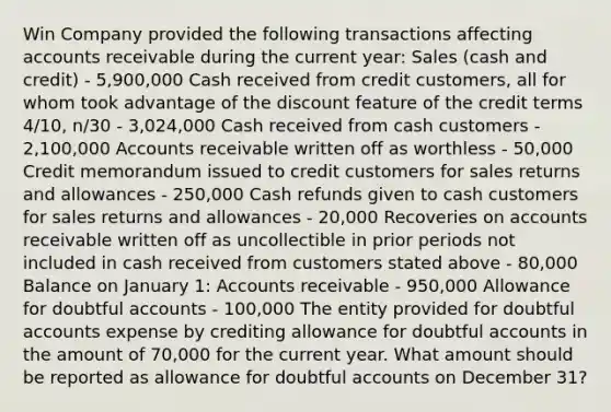 Win Company provided the following transactions affecting accounts receivable during the current year: Sales (cash and credit) - 5,900,000 Cash received from credit customers, all for whom took advantage of the discount feature of the credit terms 4/10, n/30 - 3,024,000 Cash received from cash customers - 2,100,000 Accounts receivable written off as worthless - 50,000 Credit memorandum issued to credit customers for sales returns and allowances - 250,000 Cash refunds given to cash customers for sales returns and allowances - 20,000 Recoveries on accounts receivable written off as uncollectible in prior periods not included in cash received from customers stated above - 80,000 Balance on January 1: Accounts receivable - 950,000 Allowance for doubtful accounts - 100,000 The entity provided for doubtful accounts expense by crediting allowance for doubtful accounts in the amount of 70,000 for the current year. What amount should be reported as allowance for doubtful accounts on December 31?