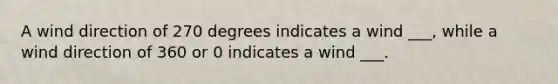 A wind direction of 270 degrees indicates a wind ___, while a wind direction of 360 or 0 indicates a wind ___.