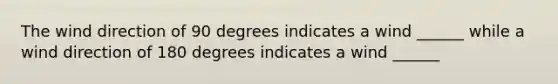 The wind direction of 90 degrees indicates a wind ______ while a wind direction of 180 degrees indicates a wind ______