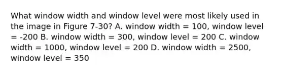 What window width and window level were most likely used in the image in Figure 7-30? A. window width = 100, window level = -200 B. window width = 300, window level = 200 C. window width = 1000, window level = 200 D. window width = 2500, window level = 350