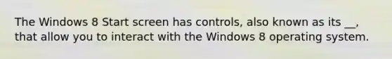 The Windows 8 Start screen has controls, also known as its __, that allow you to interact with the Windows 8 operating system.