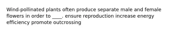 Wind-pollinated plants often produce separate male and female flowers in order to ____. ensure reproduction increase energy efficiency promote outcrossing