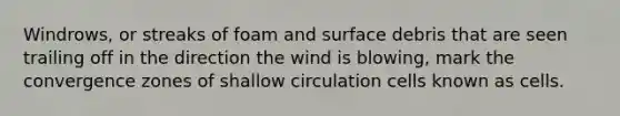 Windrows, or streaks of foam and surface debris that are seen trailing off in the direction the wind is blowing, mark the convergence zones of shallow circulation cells known as cells.