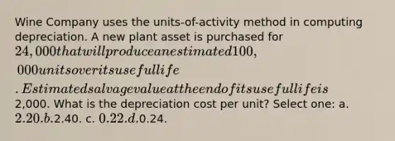 Wine Company uses the units-of-activity method in computing depreciation. A new plant asset is purchased for 24,000 that will produce an estimated 100,000 units over its useful life. Estimated salvage value at the end of its useful life is2,000. What is the depreciation cost per unit? Select one: a. 2.20. b.2.40. c. 0.22. d.0.24.