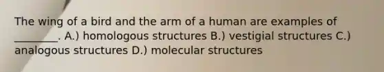 The wing of a bird and the arm of a human are examples of ________. A.) homologous structures B.) vestigial structures C.) analogous structures D.) molecular structures