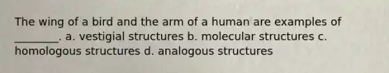 The wing of a bird and the arm of a human are examples of ________. a. vestigial structures b. molecular structures c. homologous structures d. analogous structures