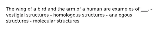 The wing of a bird and the arm of a human are examples of ___. - vestigial structures - homologous structures - analogous structures - molecular structures