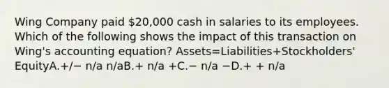 Wing Company paid 20,000 cash in salaries to its employees. Which of the following shows the impact of this transaction on Wing's accounting equation? Assets=Liabilities+Stockholders' EquityA.+/− n/a n/aB.+ n/a +C.− n/a −D.+ + n/a