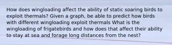 How does wingloading affect the ability of static soaring birds to exploit thermals? Given a graph, be able to predict how birds with different wingloading exploit thermals What is the wingloading of frigatebirds and how does that affect their ability to stay at sea and forage long distances from the nest?