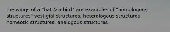 the wings of a "bat & a bird" are examples of "homologous structures" vestigial structures, heterologous structures homeotic structures, analogous structures