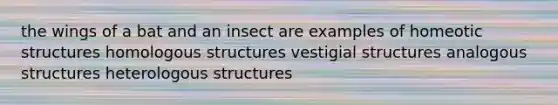 the wings of a bat and an insect are examples of homeotic structures homologous structures vestigial structures analogous structures heterologous structures