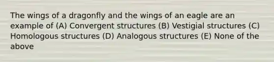 The wings of a dragonfly and the wings of an eagle are an example of (A) Convergent structures (B) Vestigial structures (C) Homologous structures (D) Analogous structures (E) None of the above