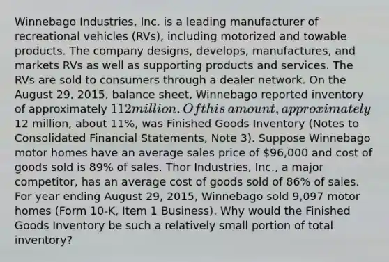 Winnebago​ Industries, Inc. is a leading manufacturer of recreational vehicles​ (RVs), including motorized and towable products. The company​ designs, develops,​ manufactures, and markets RVs as well as supporting products and services. The RVs are sold to consumers through a dealer network. On the August​ 29, 2015, balance​ sheet, Winnebago reported inventory of approximately​ 112 million. Of this​ amount, approximately​12 million, about​ 11%, was Finished Goods Inventory​ (Notes to Consolidated Financial​ Statements, Note​ 3). Suppose Winnebago motor homes have an average sales price of​ 96,000 and cost of goods sold is​ 89% of sales. Thor​ Industries, Inc., a major​ competitor, has an average cost of goods sold of​ 86% of sales. For year ending August​ 29, 2015, Winnebago sold​ 9,097 motor homes​ (Form 10-K, Item 1​ Business). Why would the Finished Goods Inventory be such a relatively small portion of total​ inventory?