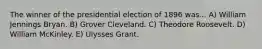 The winner of the presidential election of 1896 was... A) William Jennings Bryan. B) Grover Cleveland. C) Theodore Roosevelt. D) William McKinley. E) Ulysses Grant.