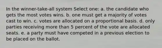 In the winner-take-all system Select one: a. the candidate who gets the most votes wins. b. one must get a majority of votes cast to win. c. votes are allocated on a proportional basis. d. only parties receiving more than 5 percent of the vote are allocated seats. e. a party must have competed in a previous election to be placed on the ballot.