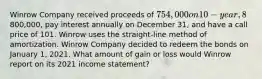 Winrow Company received proceeds of 754,000 on 10-year, 8% bonds issued on January 1, 2019. The bonds had a face value of800,000, pay interest annually on December 31, and have a call price of 101. Winrow uses the straight-line method of amortization. Winrow Company decided to redeem the bonds on January 1, 2021. What amount of gain or loss would Winrow report on its 2021 income statement?