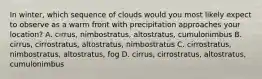 In winter, which sequence of clouds would you most likely expect to observe as a warm front with precipitation approaches your location? A. cirrus, nimbostratus, altostratus, cumulonimbus B. cirrus, cirrostratus, altostratus, nimbostratus C. cirrostratus, nimbostratus, altostratus, fog D. cirrus, cirrostratus, altostratus, cumulonimbus