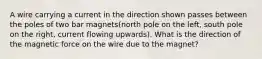 A wire carrying a current in the direction shown passes between the poles of two bar magnets(north pole on the left, south pole on the right, current flowing upwards). What is the direction of the magnetic force on the wire due to the magnet?