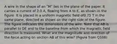 A wire in the shape of an ʺMʺ lies in the plane of the paper. It carries a current of 2.0 A, flowing from A to E, as shown in the figure. It is placed in a uniform magnetic field of0.75 T in the same plane, directed as shown on the right side of the figure. The figure indicates the dimensions of the wire. Note that AB is parallel to DE and to the baseline from which the magnetic field direction is measured. What are the magnitude and direction of the force acting on section AB of this wire? (Figure from Q108)