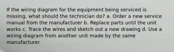 If the wiring diagram for the equipment being serviced is missing, what should the technician do? a. Order a new service manual from the manufacturer b. Replace parts until the unit works c. Trace the wires and sketch out a new drawing d. Use a wiring diagram from another unit made by the same manufacturer