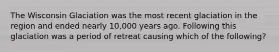 The Wisconsin Glaciation was the most recent glaciation in the region and ended nearly 10,000 years ago. Following this glaciation was a period of retreat causing which of the following?