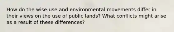 How do the wise-use and environmental movements differ in their views on the use of public lands? What conflicts might arise as a result of these differences?