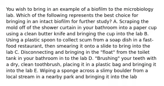 You wish to bring in an example of a biofilm to the microbiology lab. Which of the following represents the best choice for bringing in an intact biofilm for further study? A. Scraping the mold off of the shower curtain in your bathroom into a paper cup using a clean butter knife and bringing the cup into the lab B. Using a plastic spoon to collect scum from a soap dish in a fast-food restaurant, then smearing it onto a slide to bring into the lab C. Disconnecting and bringing in the "float" from the toilet tank in your bathroom in to the lab D. "Brushing" your teeth with a dry, clean toothbrush, placing it in a plastic bag and bringing it into the lab E. Wiping a sponge across a slimy boulder from a local stream in a nearby park and bringing it into the lab