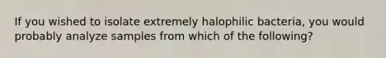 If you wished to isolate extremely halophilic bacteria, you would probably analyze samples from which of the following?