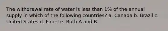 The withdrawal rate of water is less than 1% of the annual supply in which of the following countries? a. Canada b. Brazil c. United States d. Israel e. Both A and B