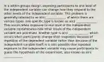 In a within-groups design, exposing participants to one level of the independent variable can change how they respond to the other levels of the independent variable. This problem is generally referred to as a(n) _____________, of which there are various types. one specific type is known as a(n) ______________. This occurs when exposure to one level of the independent variable contaminates how other levels of the independent variable are perceived. Another type is a(n) _____________, which occurs when participants change their responses because of repetition of the dependent variable rather than because of the independent variable itself. It is also possible that repeated exposure to the independent variable may cause participants to guess the hypothesis of the experiment, also known as a(n) _____________