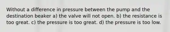 Without a difference in pressure between the pump and the destination beaker a) the valve will not open. b) the resistance is too great. c) the pressure is too great. d) the pressure is too low.