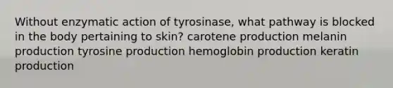 Without enzymatic action of tyrosinase, what pathway is blocked in the body pertaining to skin? carotene production melanin production tyrosine production hemoglobin production keratin production