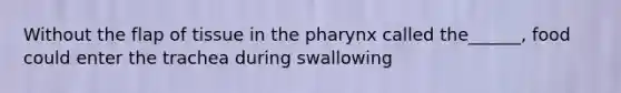 Without the flap of tissue in <a href='https://www.questionai.com/knowledge/ktW97n6hGJ-the-pharynx' class='anchor-knowledge'>the pharynx</a> called the______, food could enter the trachea during swallowing