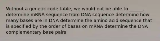 Without a genetic code table, we would not be able to ______. determine mRNA sequence from DNA sequence determine how many bases are in DNA determine the amino acid sequence that is specified by the order of bases on mRNA determine the DNA complementary base pairs ​