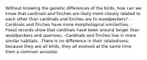 Without knowing the genetic differences of the birds, how can we know that cardinals and finches are likely more closely related to each other than cardinals and finches are to woodpeckers? -Cardinals and finches have more morphological similarities. -Fossil records show that cardinals have been around longer than woodpeckers and sparrows. -Cardinals and finches live in more similar habitats. -There is no difference in their relatedness; because they are all birds, they all evolved at the same time from a common ancestor.