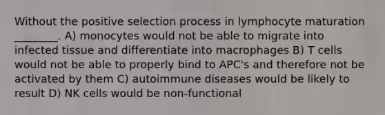 Without the positive selection process in lymphocyte maturation ________. A) monocytes would not be able to migrate into infected tissue and differentiate into macrophages B) T cells would not be able to properly bind to APC's and therefore not be activated by them C) autoimmune diseases would be likely to result D) NK cells would be non-functional