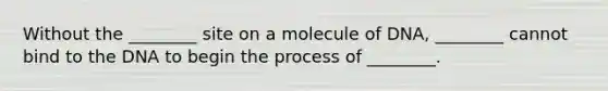 Without the ________ site on a molecule of DNA, ________ cannot bind to the DNA to begin the process of ________.