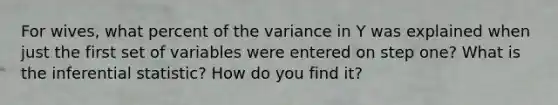 For wives, what percent of the variance in Y was explained when just the first set of variables were entered on step one? What is the inferential statistic? How do you find it?