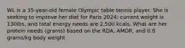 WL is a 35-year-old female Olympic table tennis player. She is seeking to improve her diet for Paris 2024; current weight is 130lbs, and total energy needs are 2,500 kcals. What are her protein needs (grams) based on the RDA, AMDR, and 0.8 grams/kg body weight