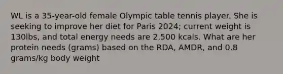 WL is a 35-year-old female Olympic table tennis player. She is seeking to improve her diet for Paris 2024; current weight is 130lbs, and total energy needs are 2,500 kcals. What are her protein needs (grams) based on the RDA, AMDR, and 0.8 grams/kg body weight